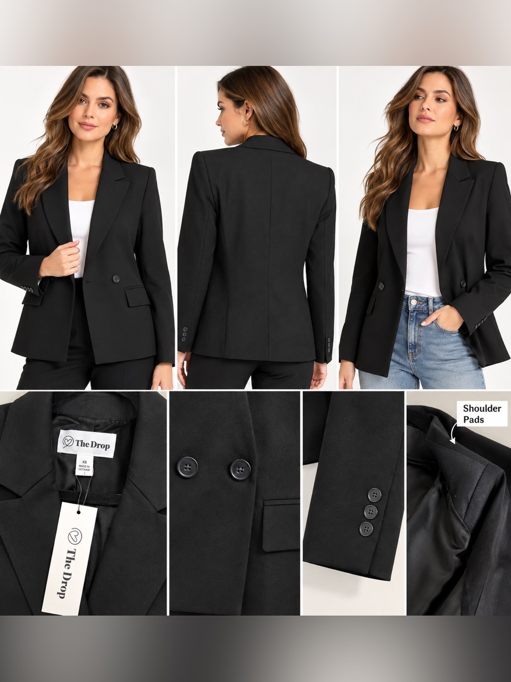 The Drop Black Double Breasted Blazer Shoulder Pads XS NWT